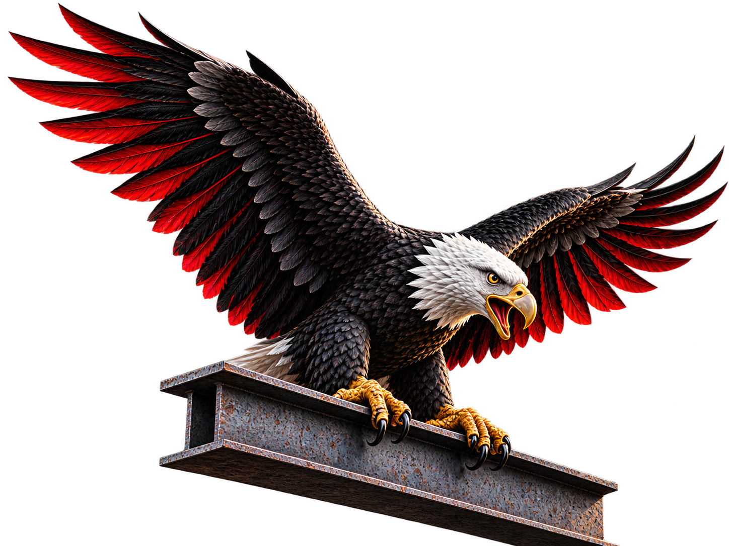 Bald eagle with red-accented wings gripping a steel I-beam